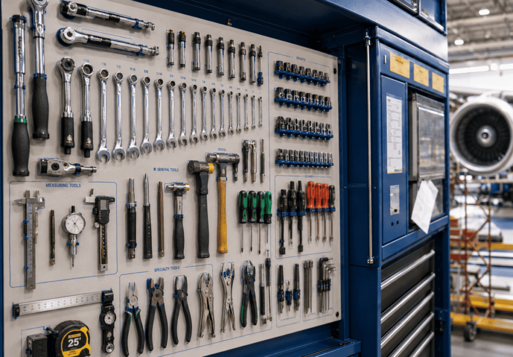Aerospace MRO tool crib or tool storage area with tagged tools